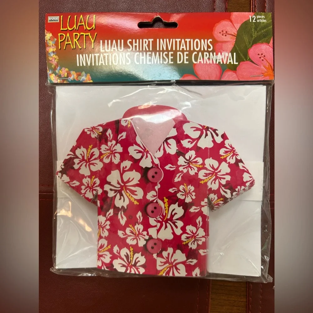 Luau Party Shirt Invitations 2 pk,12 ea=24 Adorable Flower Red Shirt w/envelopes